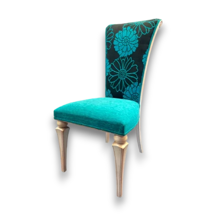 Chaise design velours turquoise avec dossier fleuri – Fauteuil de France