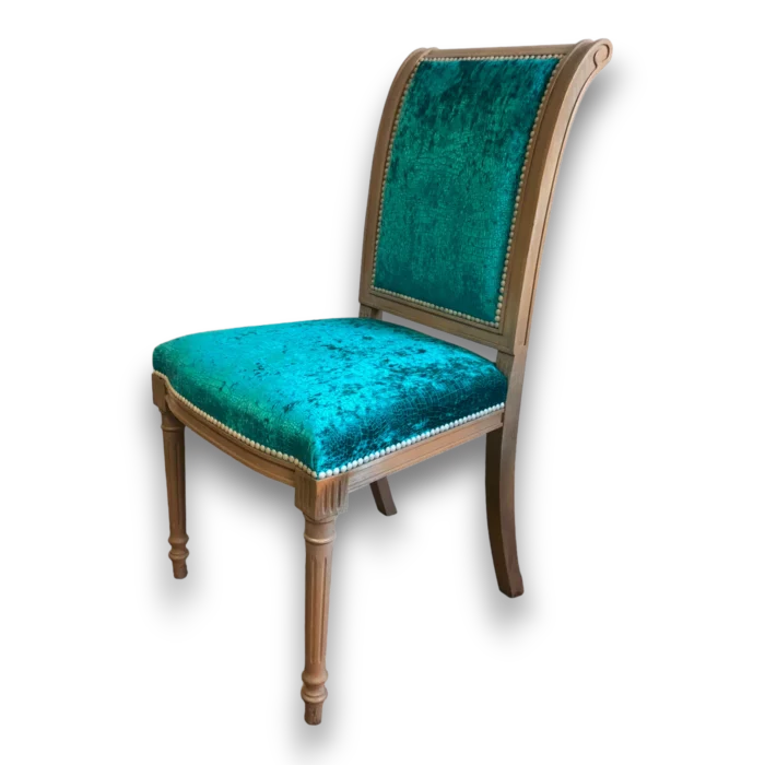 Chaise Louis XVI velours turquoise bois sculpté