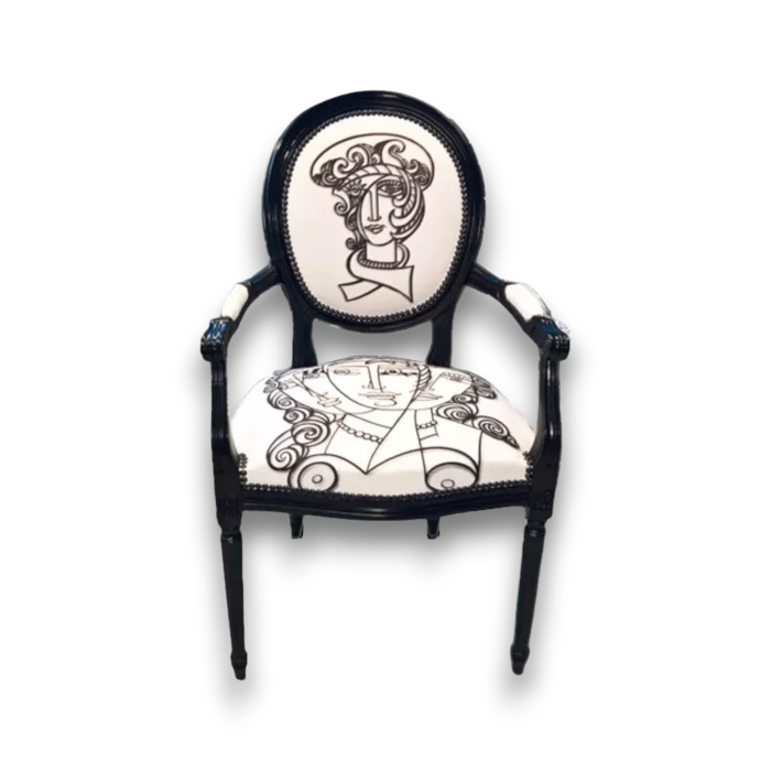 fauteuil design artistique noir et blanc avec motif cubiste - vue de face