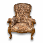 Fauteuil bergère capitonné en tissu fleuri brun – Fauteuil de France