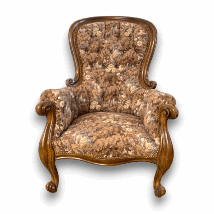 Fauteuil bergère capitonné en tissu fleuri brun – Fauteuil de France