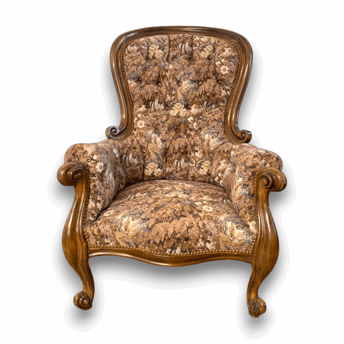 Fauteuil bergère capitonné en tissu fleuri brun – Fauteuil de France