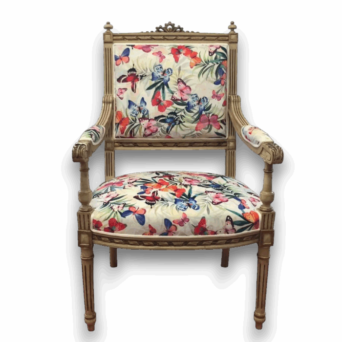 fauteuil Louis XVI avec tissu papillon coloré