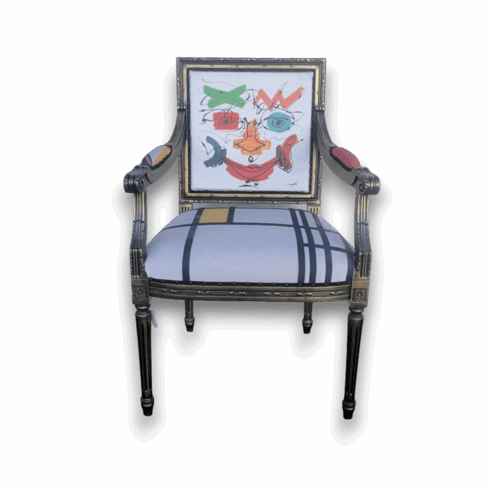 Fauteuil Louis XVI pictural dossier visage abstrait – Fauteuil de France