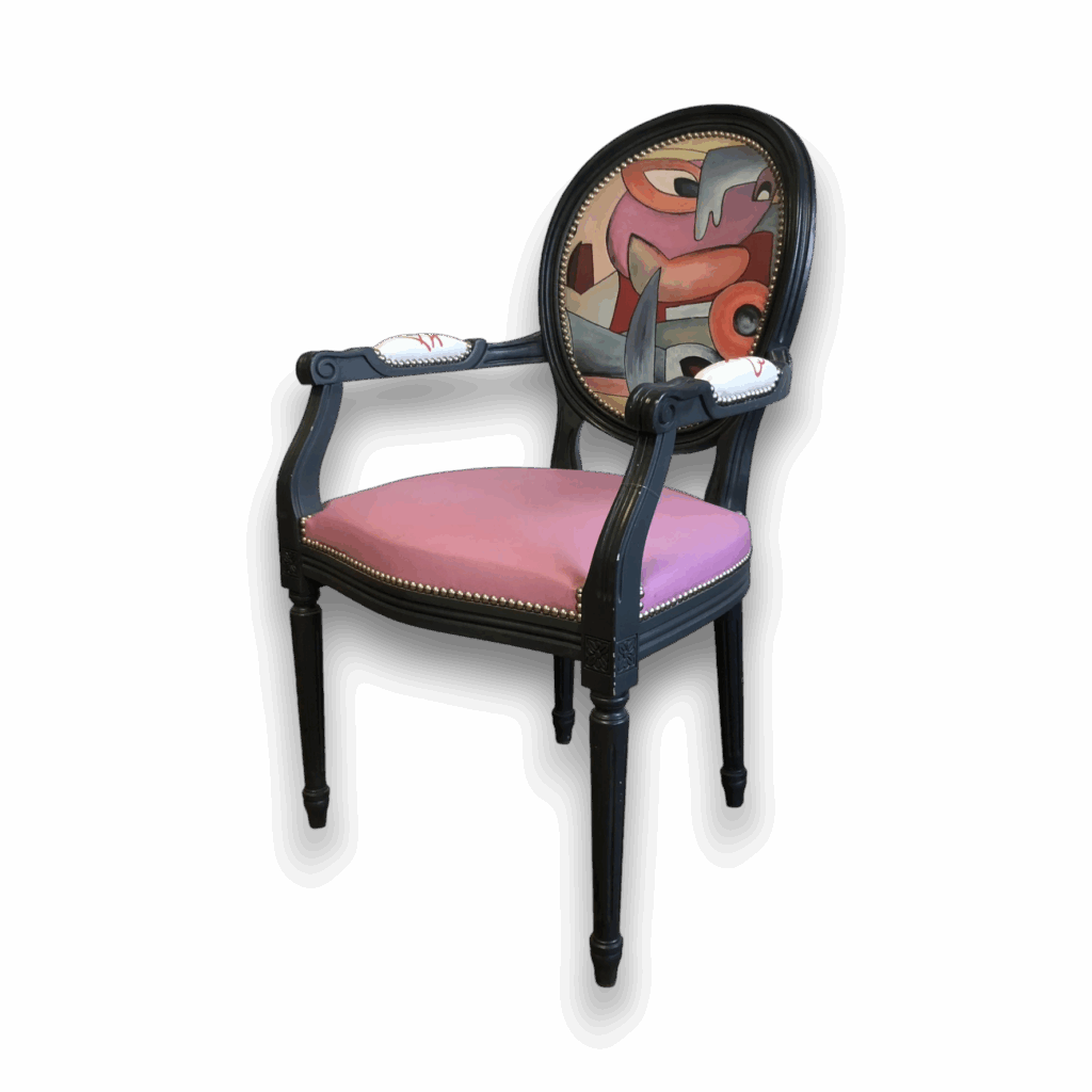 Fauteuil Louis XVI expressionniste avec dossier abstrait – Fauteuil de France